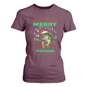 Funny Merry Fishmas Ugly Sweater T Shirt For Women Fisherman Christmas Gift TS12 Maroon Print Your Wear