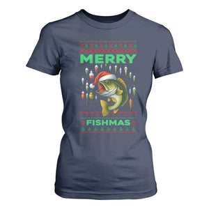 Funny Merry Fishmas Ugly Sweater T Shirt For Women Fisherman Christmas Gift TS12 Navy Print Your Wear