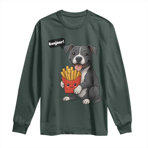 Funny Bonjour French Fries Long Sleeve Shirt Pitbull Dog Gift TS12 Dark Forest Green Print Your Wear