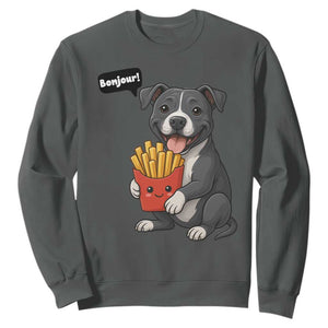 Funny Bonjour French Fries Sweatshirt Pitbull Dog Gift TS12 Dark Heather Print Your Wear