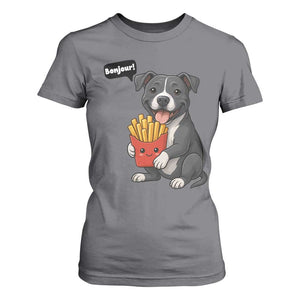 Funny Bonjour French Fries T Shirt For Women Pitbull Dog Gift TS12 Charcoal Print Your Wear