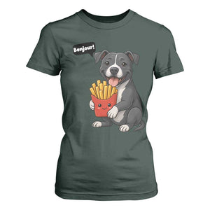 Funny Bonjour French Fries T Shirt For Women Pitbull Dog Gift TS12 Dark Forest Green Print Your Wear