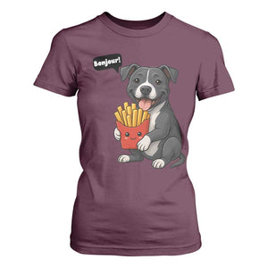 Funny Bonjour French Fries T Shirt For Women Pitbull Dog Gift TS12 Maroon Print Your Wear