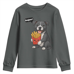 Funny Bonjour French Fries Youth Sweatshirt Pitbull Dog Gift TS12 Dark Heather Print Your Wear