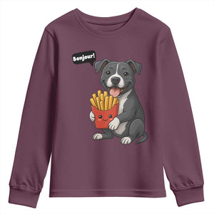 Funny Bonjour French Fries Youth Sweatshirt Pitbull Dog Gift TS12 Maroon Print Your Wear