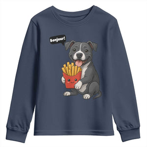 Funny Bonjour French Fries Youth Sweatshirt Pitbull Dog Gift TS12 Navy Print Your Wear