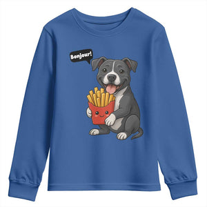 Funny Bonjour French Fries Youth Sweatshirt Pitbull Dog Gift TS12 Royal Blue Print Your Wear