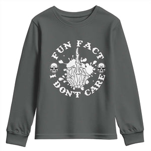 Dark Humor Skeleton Fun Fact I Do Not Care Vibe Youth Sweatshirt TS12 Dark Heather Print Your Wear