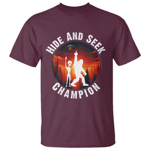 Hide And Seek Champion T Shirt Funny Bigfoot And Alien Lover Gift TS12 Maroon Print Your Wear
