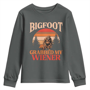 Bigfoot Grabbed My Wiener Youth Sweatshirt Funny Dachshund Lover Gift TS12 Dark Heather Print Your Wear