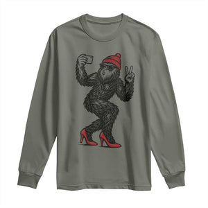 Funny Sexy Bigfoot Selfie Long Sleeve Shirt Sasquatch Lover Gift TS12 Military Green Print Your Wear