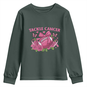 Tackle Cancer Youth Sweatshirt Football Breast Cancer Awareness Pink Ribbon TS12 Dark Forest Green Print Your Wear
