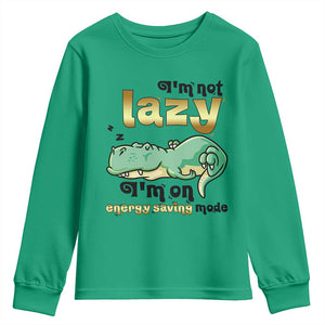 Funny Dinosaur Lover Youth Sweatshirt I Am Not Lazy I Am On Energy Saving Mode TS12 Irish Green Print Your Wear