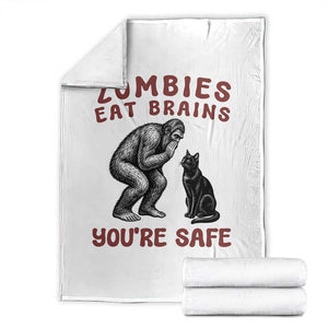 Funny Bigfoot And Black Cat Throw Blanket Zombies Eat Brains Dont Worry You Are Safe