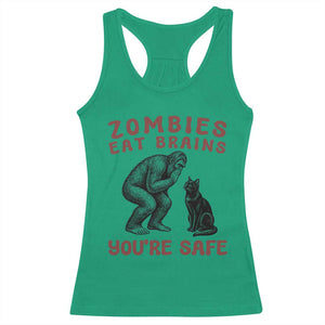 Funny Bigfoot And Black Cat Racerback Tank Top Zombies Eat Brains Dont Worry You Are Safe