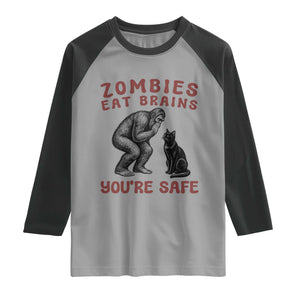 Funny Bigfoot And Black Cat Raglan Shirt Zombies Eat Brains Dont Worry You Are Safe