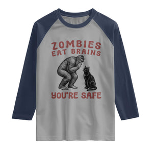 Funny Bigfoot And Black Cat Raglan Shirt Zombies Eat Brains Dont Worry You Are Safe