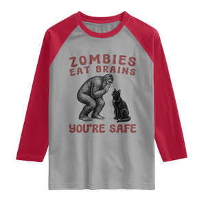 Funny Bigfoot And Black Cat Raglan Shirt Zombies Eat Brains Dont Worry You Are Safe