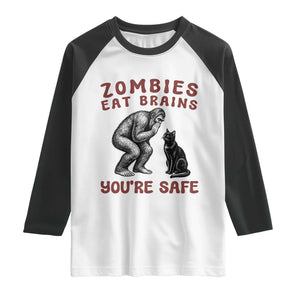 Funny Bigfoot And Black Cat Raglan Shirt Zombies Eat Brains Dont Worry You Are Safe