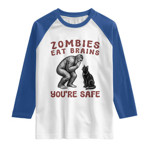 Funny Bigfoot And Black Cat Raglan Shirt Zombies Eat Brains Dont Worry You Are Safe