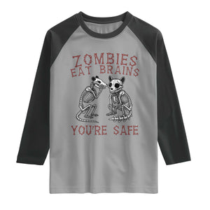 Funny Opossum Raccoon Skeleton Raglan Shirt Zombies Eat Brains Dont Worry You Are Safe