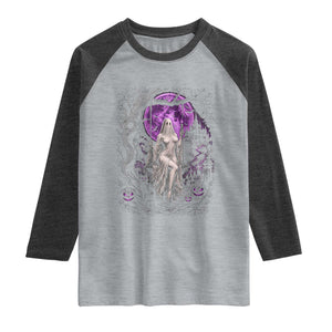 Mystical Ghost Girl Halloween Raglan Shirt Gothic Purple Moon Haunted Castle Art