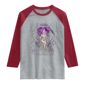 Mystical Ghost Girl Halloween Raglan Shirt Gothic Purple Moon Haunted Castle Art