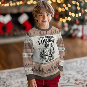 Funny Christian Elijah Faith Ugly Christmas Sweater Try Calling Louder 850 BC Bible Graphic