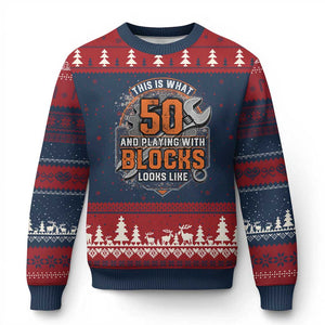 Funny 50th Birthday Mechanic Ugly Christmas Sweater This Is What 50 And Playing With Blocks Looks Like