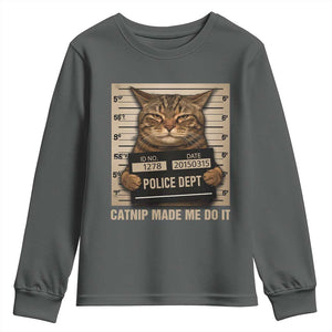 Funny Cat Mugshot Youth Sweatshirt Catnip Made Me Do It TS14 Dark Heather Print Your Wear