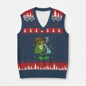 Rippit Frog V-Neck Knit Sweater Vest Funny 420 Stoner Weed Humor TS14 Navy Red Print Your Wear