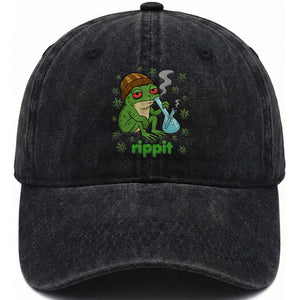 Rippit Frog Washed Cotton Baseball Cap Funny 420 Stoner Weed Humor TS14 Washed Cap Universal Fit Black Print Your Wear