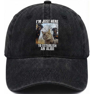 Funny Cat Dog Selfie Washed Cotton Baseball Cap I Am Just Here To Establish An Alibi TS14 Washed Cap Universal Fit Black Print Your Wear
