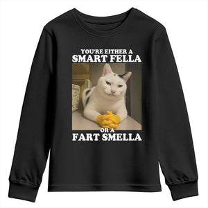 Funny Cat Meme Youth Sweatshirt You Are Either A Smart Fella Or A Fart Smella TS14 Black Print Your Wear