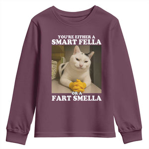 Funny Cat Meme Youth Sweatshirt You Are Either A Smart Fella Or A Fart Smella TS14 Maroon Print Your Wear
