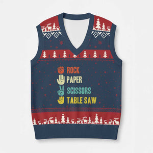 Funny Woodworker V-Neck Knit Sweater Vest Rock Paper Scissors Table Saw TS14 Navy Red Print Your Wear