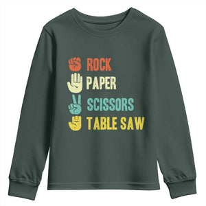 Funny Woodworker Youth Sweatshirt Rock Paper Scissors Table Saw TS14 Dark Forest Green Print Your Wear
