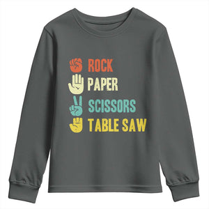 Funny Woodworker Youth Sweatshirt Rock Paper Scissors Table Saw TS14 Dark Heather Print Your Wear