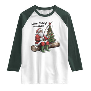 Santa Fishing Chritsmas Raglan Shirt Funny Fisherman Xmas TS14 White Dark Forest Green Print Your Wear