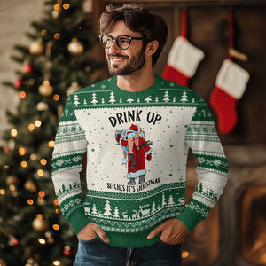 Funny Xmas Wine Ugly Christmas Sweater Drink Up Bitches It Is Xmas TS14 Beige Green Print Your Wear