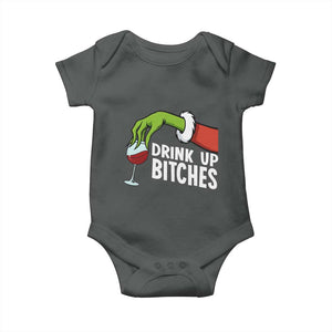 Funny Christmas Wine Baby Onesie Drink Up Bitches TS14 Dark Heather Print Your Wear