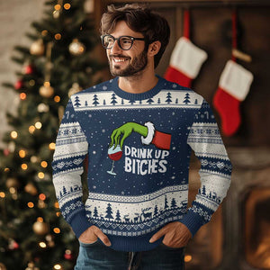 Funny Xmas Wine Ugly Christmas Sweater Drink Up Bitches TS14 Navy Beige Print Your Wear