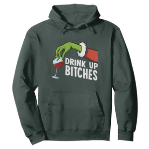 Funny Christmas Wine Hoodie Drink Up Bitches TS14 Dark Forest Green Print Your Wear