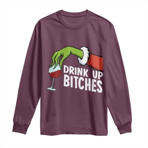 Funny Christmas Wine Long Sleeve Shirt Drink Up Bitches TS14 Maroon Print Your Wear