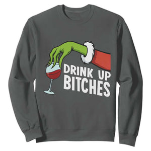 Funny Christmas Wine Sweatshirt Drink Up Bitches TS14 Dark Heather Print Your Wear