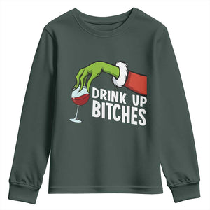 Funny Christmas Wine Youth Sweatshirt Drink Up Bitches TS14 Dark Forest Green Print Your Wear