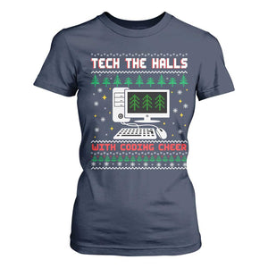 Tech Support Christmas T Shirt For Women Tech The Halls With Cooking Cheer TS14 Navy Print Your Wear