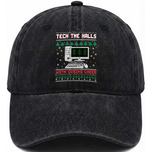 Tech Support Christmas Washed Cotton Baseball Cap Tech The Halls With Cooking Cheer TS14 Washed Cap Universal Fit Black Print Your Wear