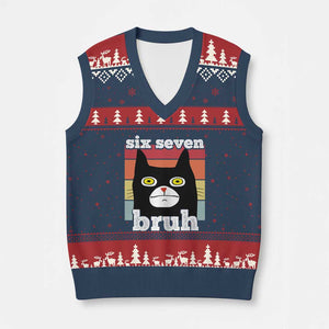 67 Bruh Meme V-Neck Knit Sweater Vest Funny Six Seven Black Cat TS14 Navy Red Print Your Wear