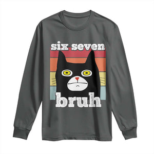 67 Bruh Meme Long Sleeve Shirt Funny Six Seven Black Cat TS14 Dark Heather Print Your Wear